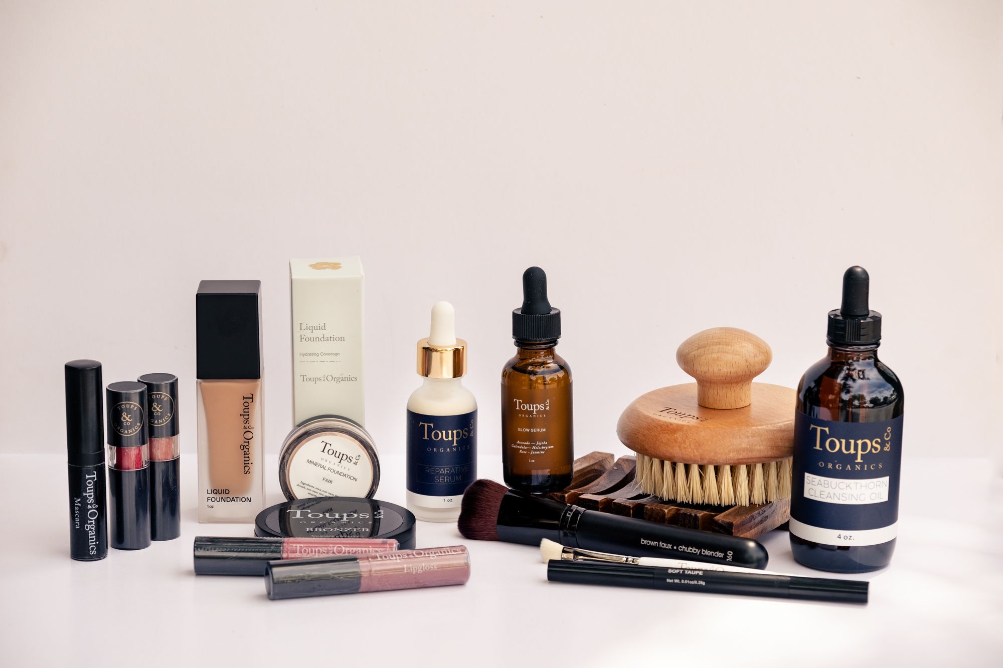 Toups & Co Organics makeup and skincare on display